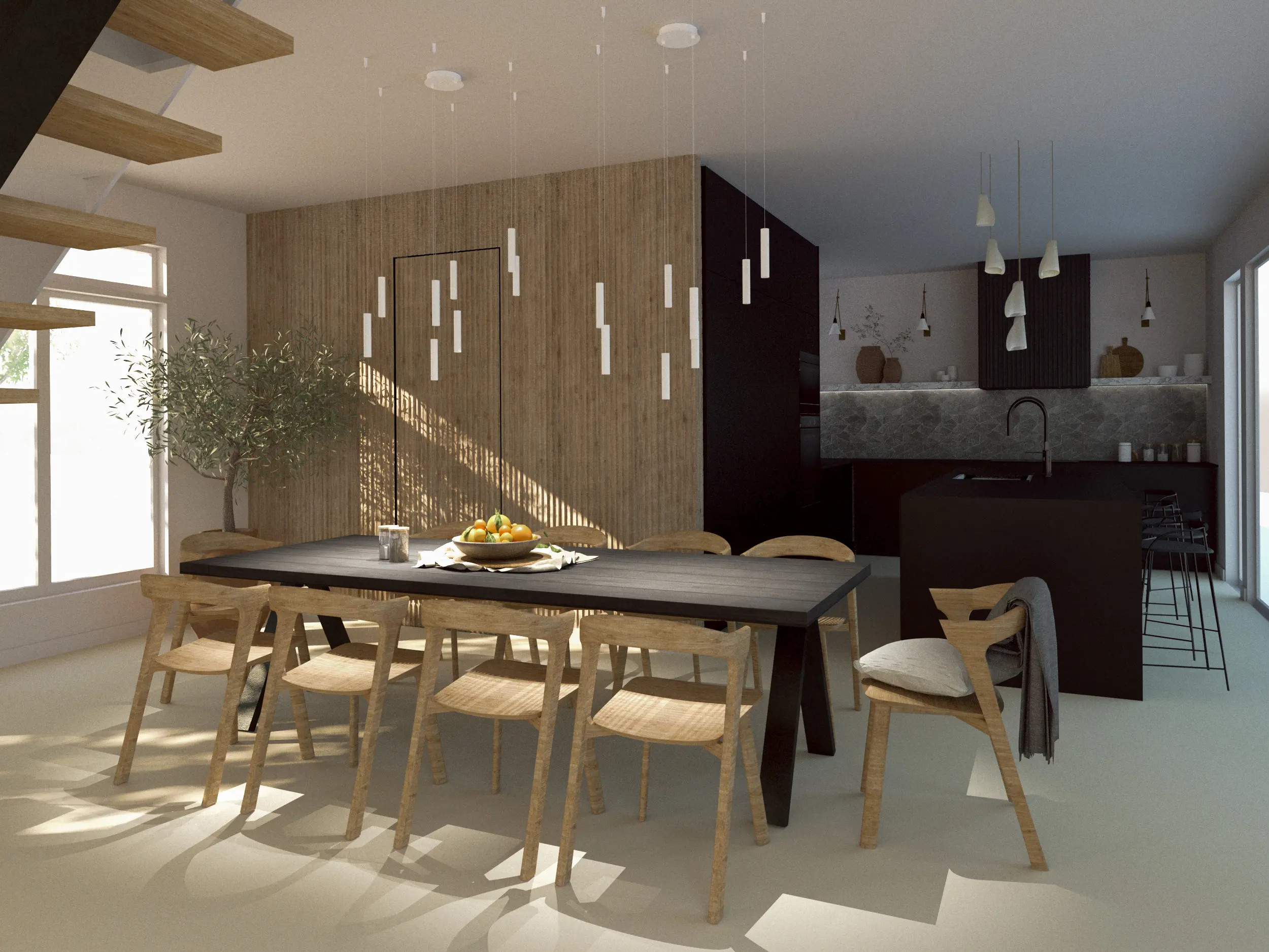 Salle à manger à aire ouverte dans un chalet à Mont-Tremblant : table en chêne, ébénisterie teintée noire et suspension sculpturale.